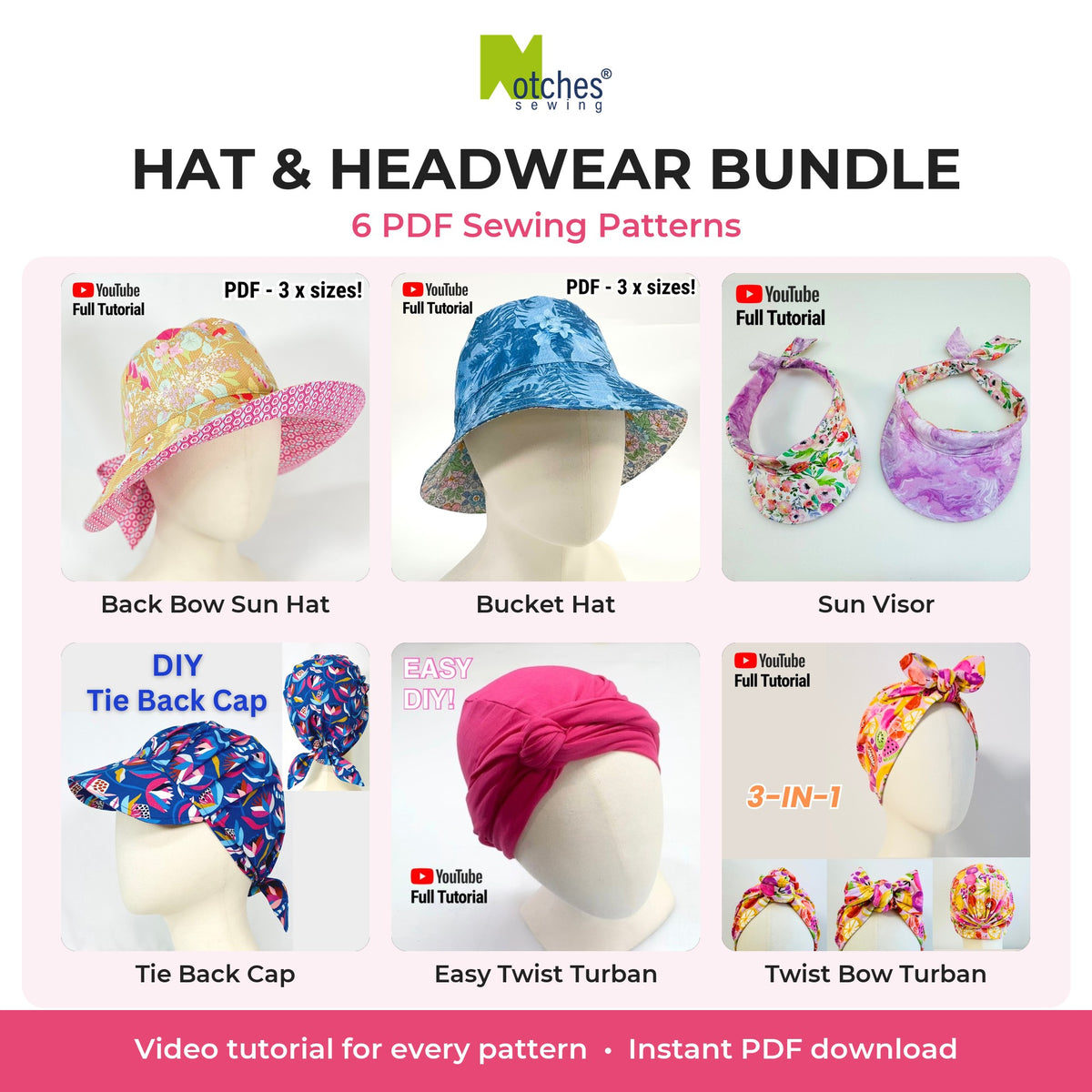 Hat & Headwear Bundle: 6 PDF sewing patterns by Notches Sewing