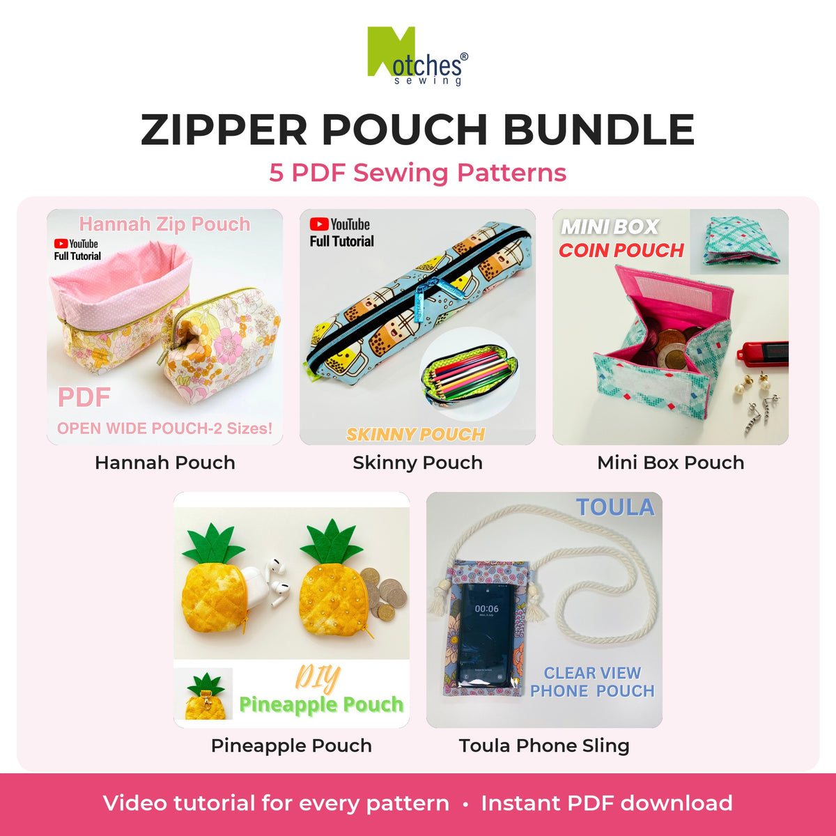 Zipper Pouch Bundle: 5 PDF sewing patterns by Notches Sewing