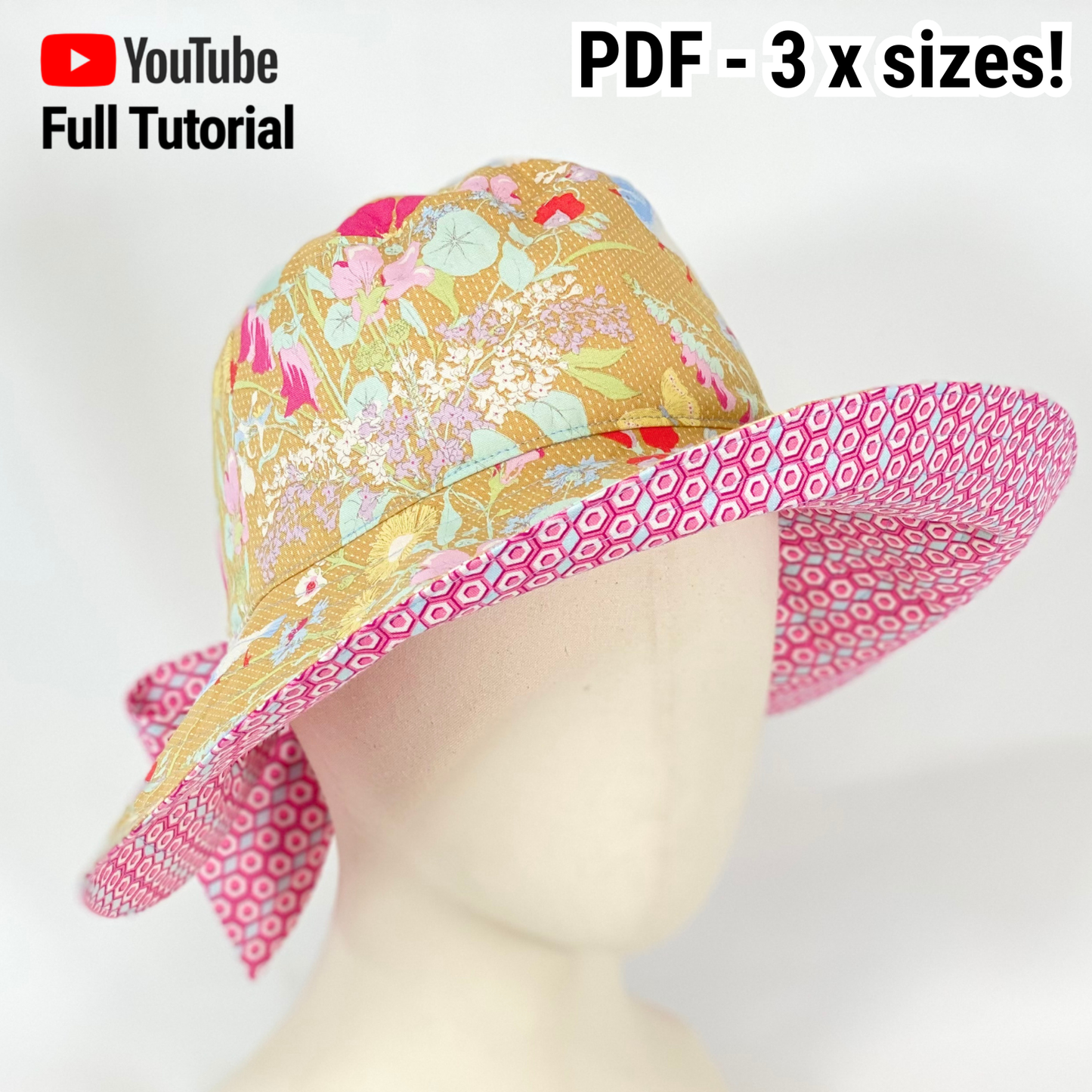 Reversible Back Bow Sun Hat Sewing Pattern PDF | Adjustable Ponytail Sunhat | 3 Sizes