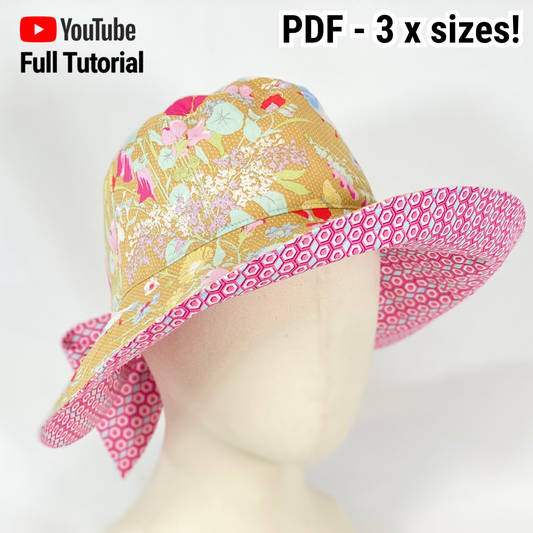 Reversible Back Bow Sun Hat Sewing Pattern PDF | Adjustable Ponytail Sunhat | 3 Sizes