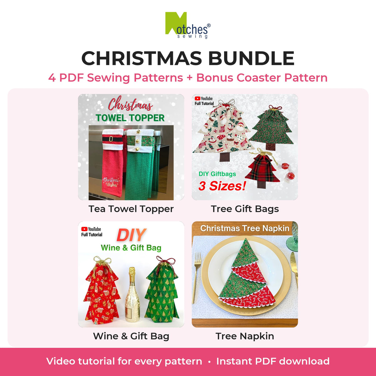Christmas Bundle: 4 PDF sewing patterns by Notches Sewing