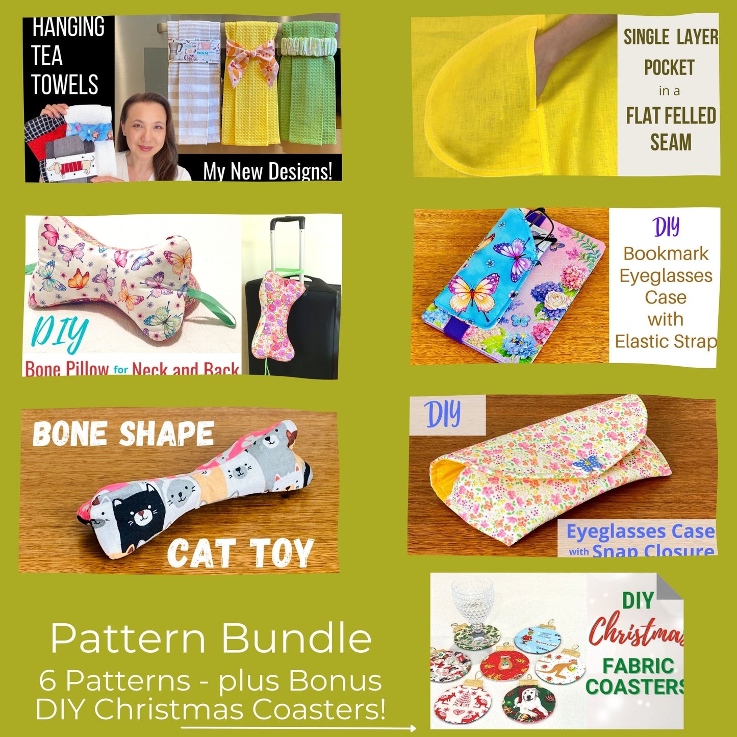 6 Pack Bundle of Sewing Patterns with Bonus- DIY Christmas Coasters:Digital Download- No Written Instrucions